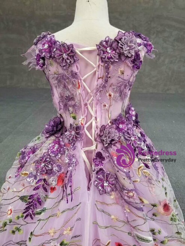 Purple Ball Gown Embroidery Appliques Tulle Sequins Crystal Flower Girl Dress