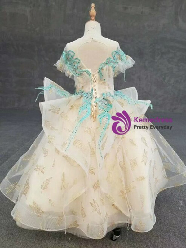 Princess Champagne Ball Gown Tulle Appliques Cap Sleeve Backless Flower Girl Dress