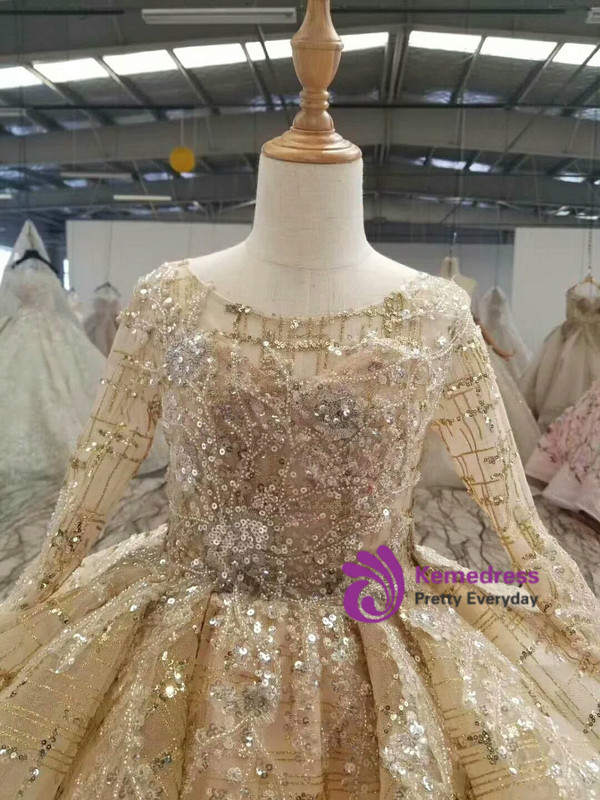 Hot Sale Champagne Gold Sequins Long Sleeve Appliques Long Flower Girl Dress