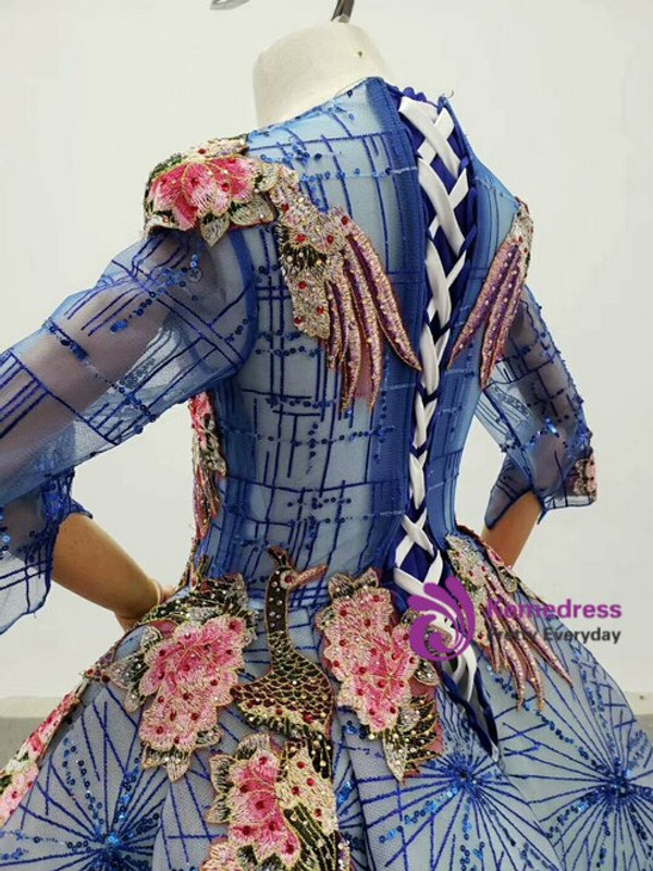 Beautiful Blue Sequins Long Sleeve Embroidery Appliques Beading Flower Girl Dress