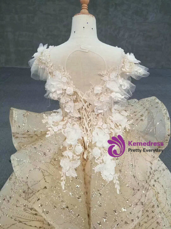 Popular Gold Sequins Appliques Backless Long Flower Girl Dress