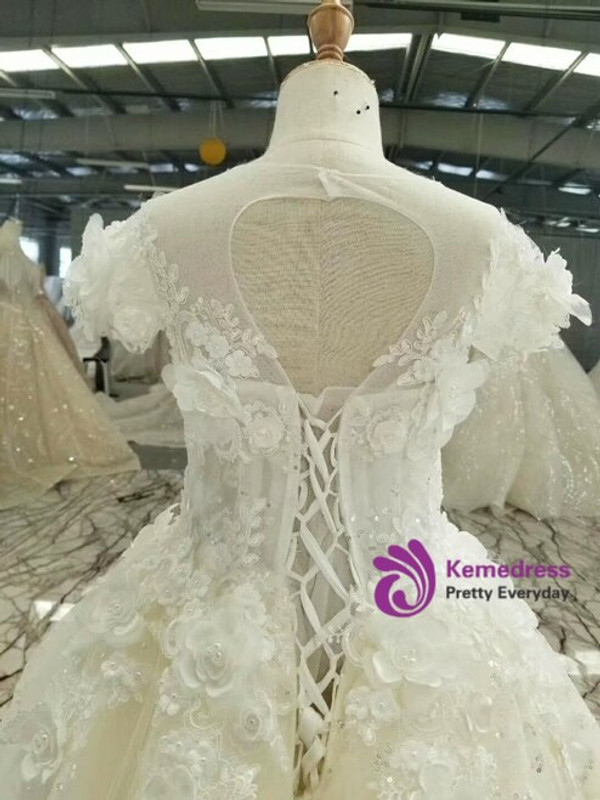 Light Champagne Tulle Sequins 3D Flower Pearls Cap Sleeve Flower Girl Dress