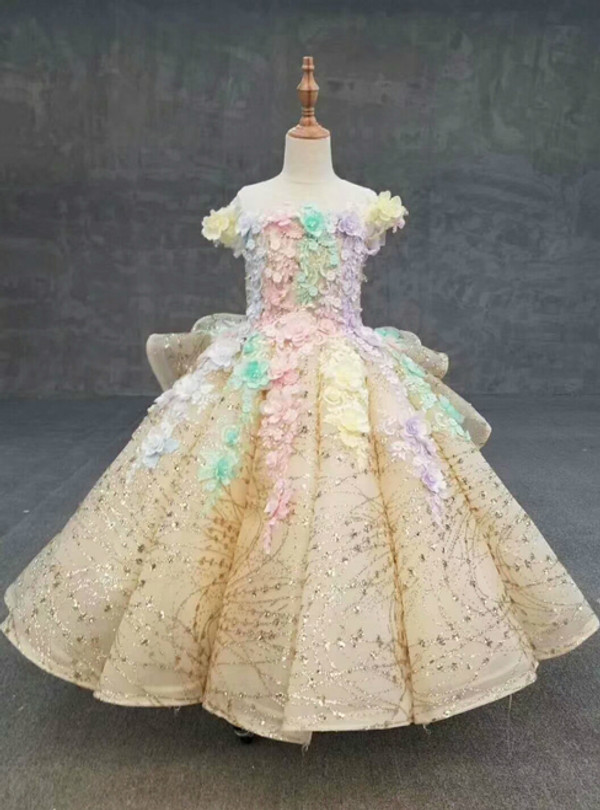 Gold Ball Gown Sequins Backless Colorful 3D Flower Cap Sleeve Flower Girl Dress