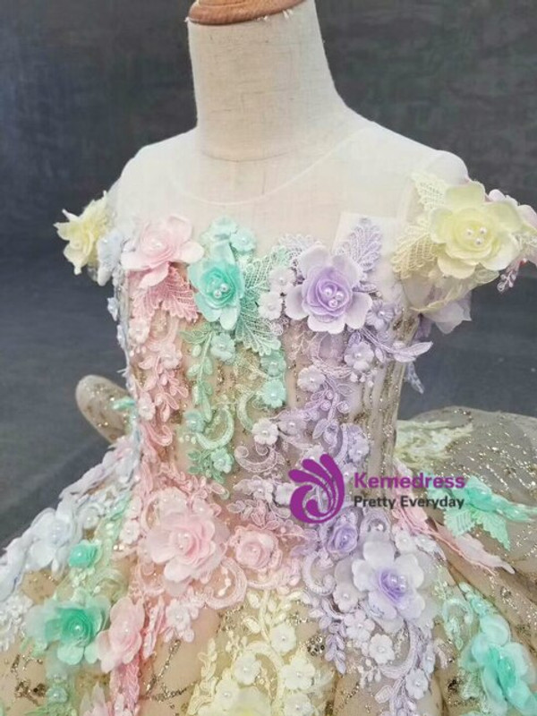 Gold Ball Gown Sequins Backless Colorful 3D Flower Cap Sleeve Flower Girl Dress