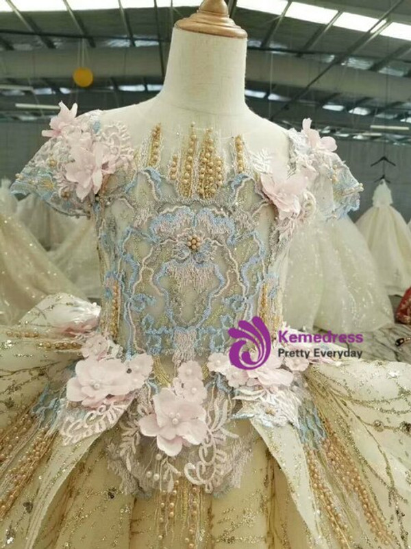 Champagne Gold Ball Gown Sequins Cap Sleeve Backless Appliques Pearls Flower Girl Dress