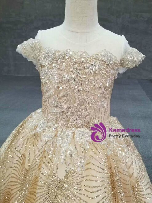 Fancy Champagne Gold Tulle Sequins Beading Cap Sleeve Backless Flower Girl Dress