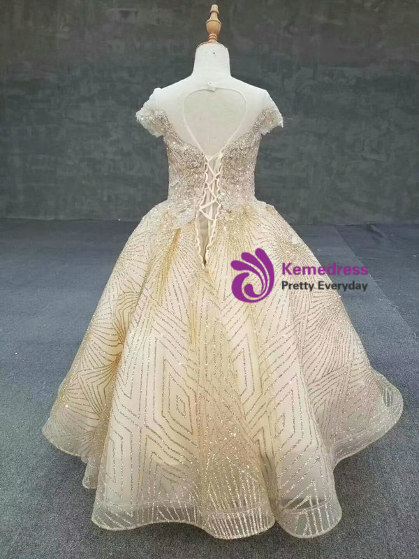 Fancy Champagne Gold Tulle Sequins Beading Cap Sleeve Backless Flower Girl Dress