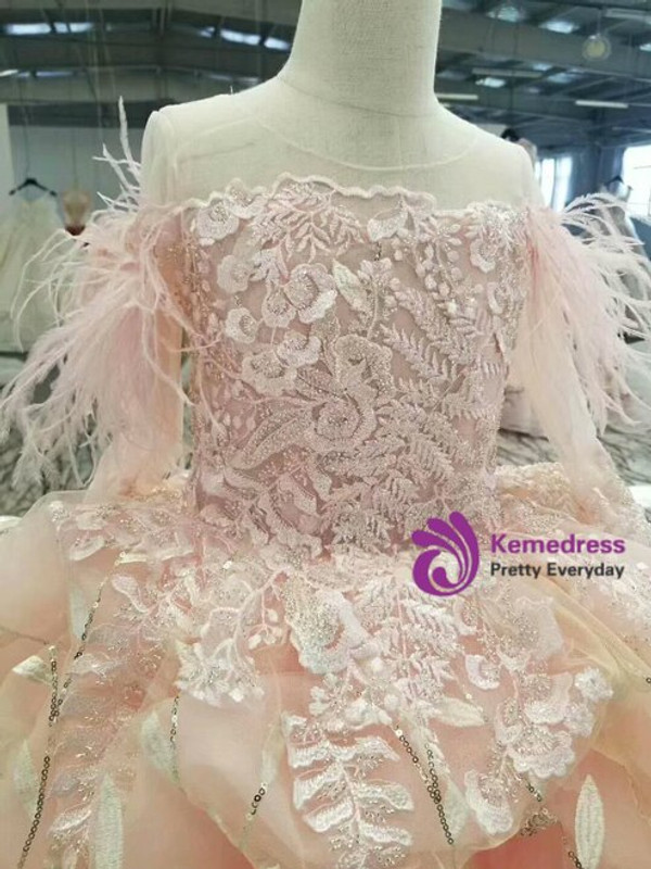 Pink Ball Gown Tulle Sequins Long Sleeve Beading Appliques Long Flower Girl Dress 