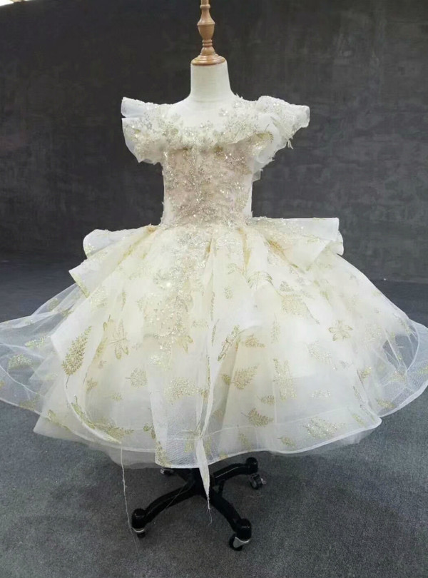 Champagne Ball Gown Tulle Sequins Beading Backless Flower Girl Dress