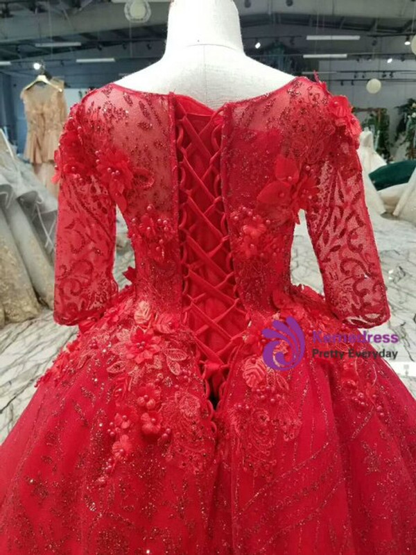 Amazing Red Sequins Short Sleeve Beading Appliques Long Flower Girl Dress With Pearls