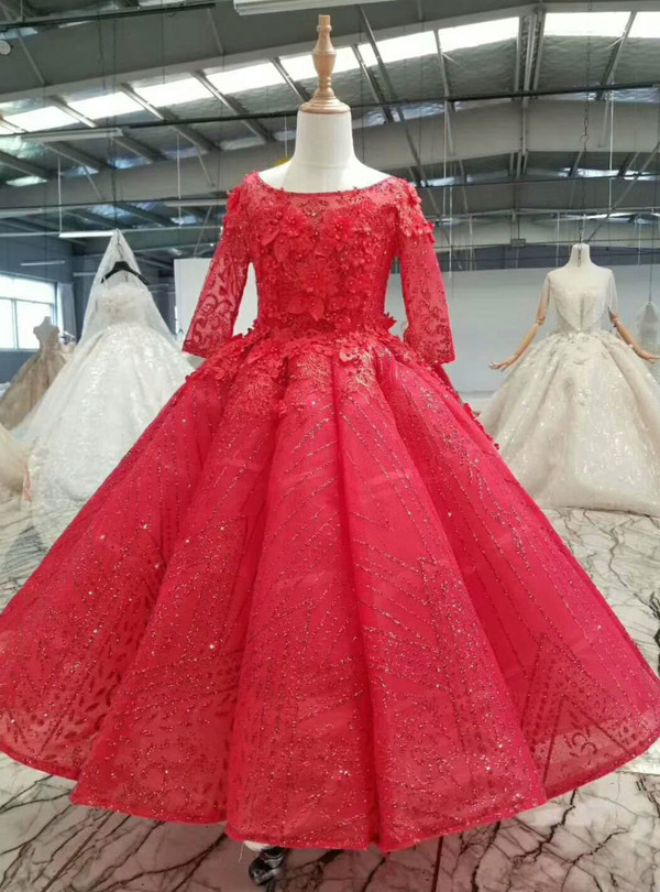 Amazing Red Sequins Short Sleeve Beading Appliques Long Flower Girl Dress With Pearls