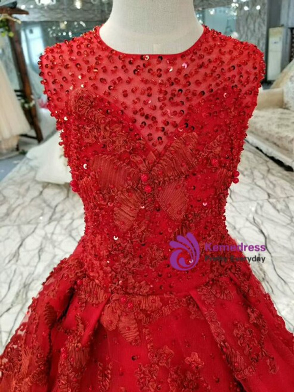 Red Embrodiery Lace Tulle Beading Sleeveless Sequins Flower Girl Dress
