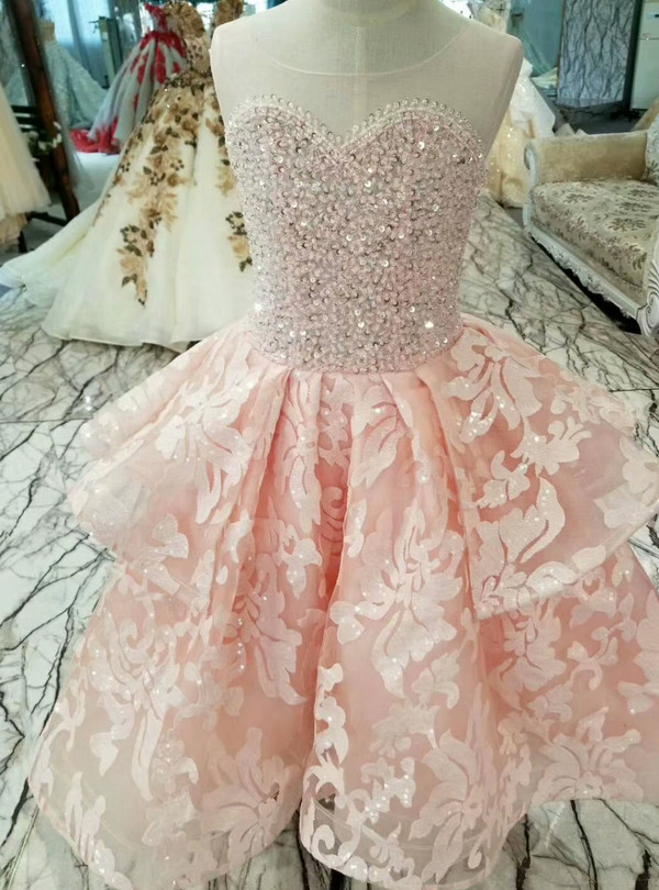 Fashion A-Line Pink Lace Sleeveless Beading Sequins Short Flower Girl Dress