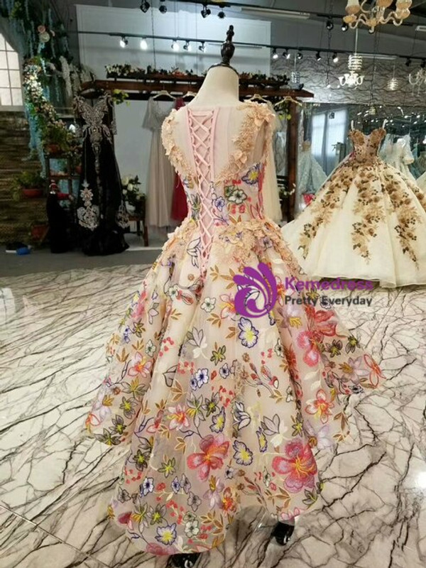 Cute Champagne Tulle Scoop Neck Embroidery Flower Girl Dress With Appliques Beading