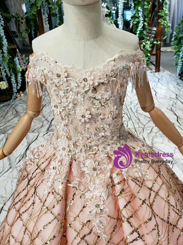 Pink Ball Gown Tulle Sequins Appliques Off the Shoulder Flower Girl Dress With Beading