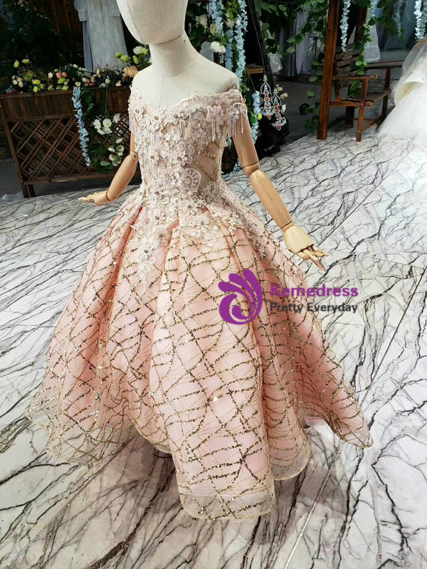Pink Ball Gown Tulle Sequins Appliques Off the Shoulder Flower Girl Dress With Beading