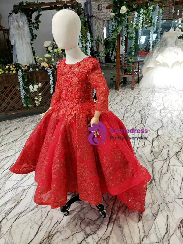 Red Ball Gown Tulle Sequins Appliques Long Sleeve Backless Flower Girl Dress With Pearls
