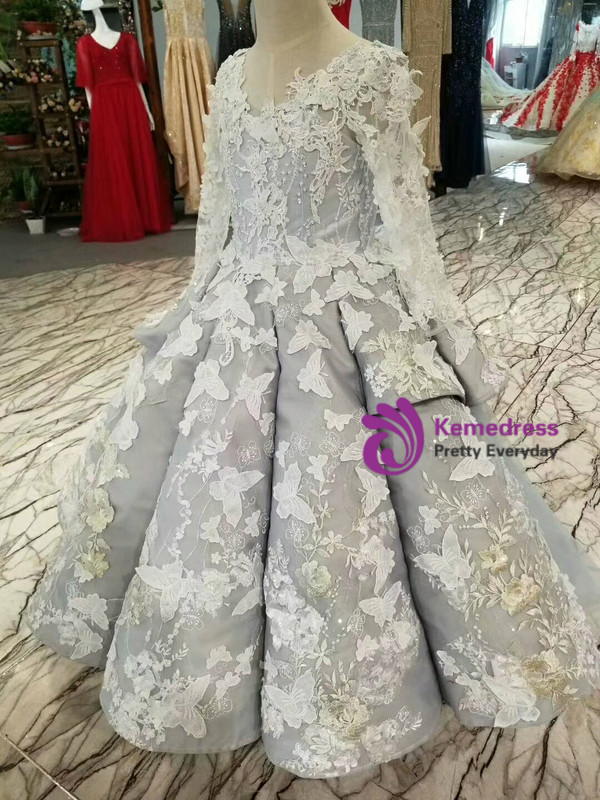 Gray Ball Gown Tulle Long Sleeve Backless 3D Butterfly Appliques Flower Girl Dress