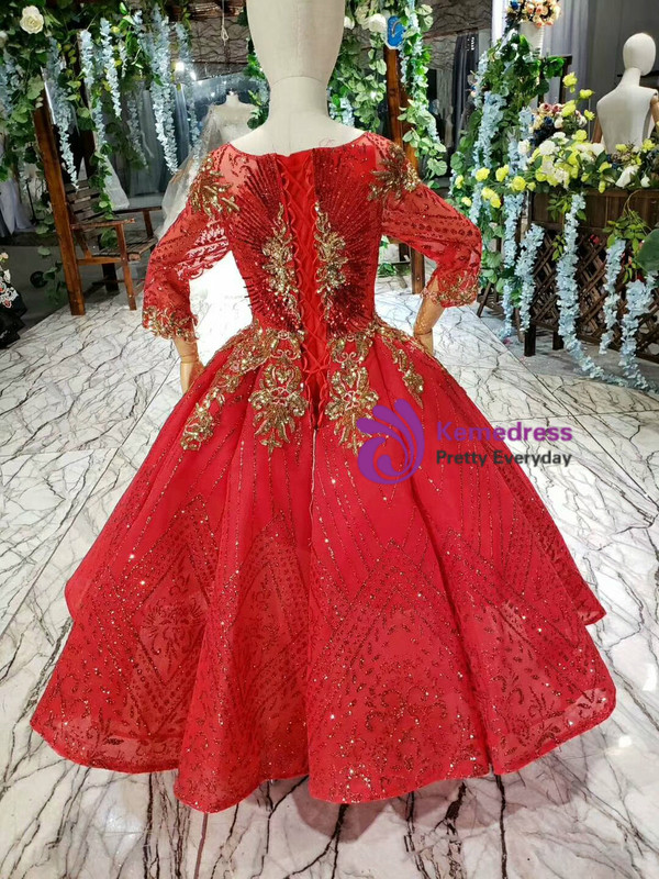 Unique Red Sequins Bateau Gold Appliques Long Sleeve Flower Girl Dress