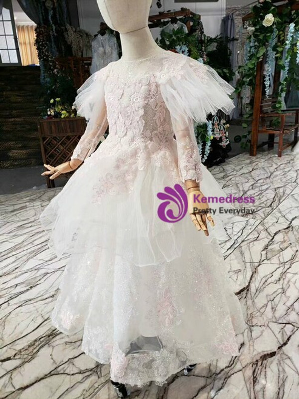 Fancy Ivory White Tulle Sequins Appliques Open Back Long Sleeve Flower Girl Dress