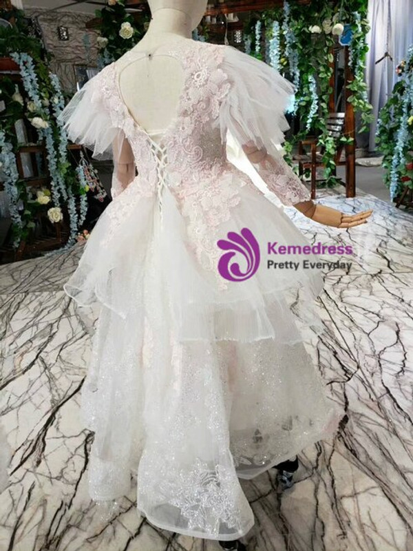 Fancy Ivory White Tulle Sequins Appliques Open Back Long Sleeve Flower Girl Dress