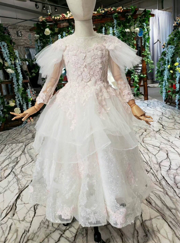 Fancy Ivory White Tulle Sequins Appliques Open Back Long Sleeve Flower Girl Dress