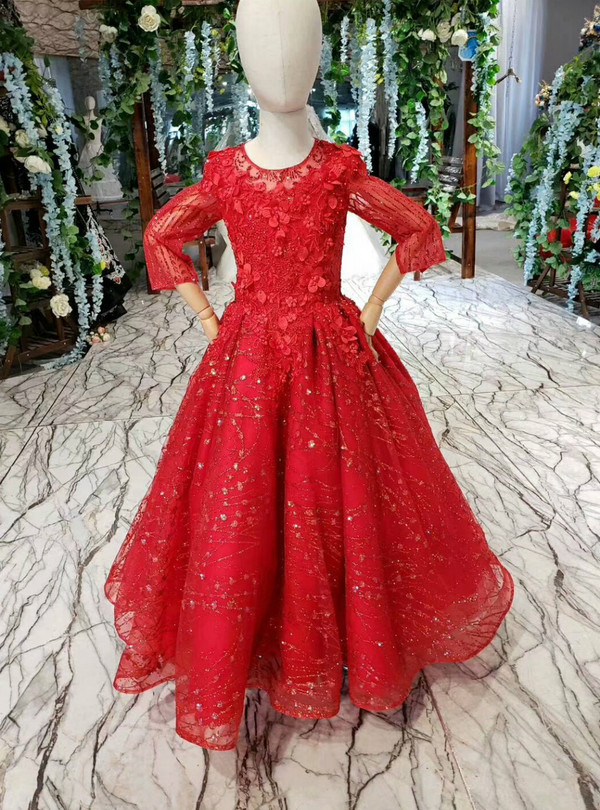 Fashionable Red Tulle Sequins Long Sleeve Appliques Beading Flower Girl Dress 