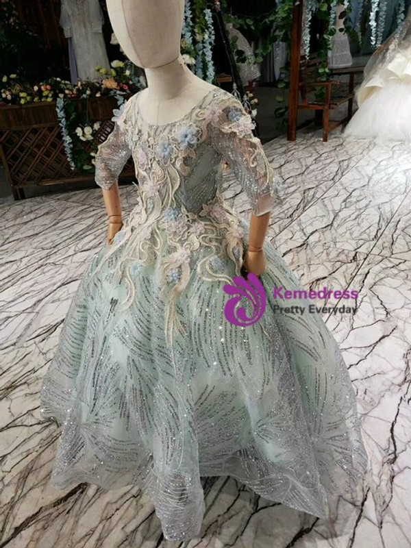 Gray Ball Gown Tulle Sequins Short Sleeve Embroidery Appliques Flower Girl Dress