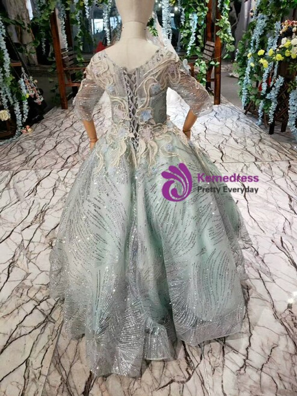 Gray Ball Gown Tulle Sequins Short Sleeve Embroidery Appliques Flower Girl Dress