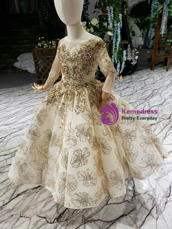 High quality Champagne Gold Ball Gown Sequins Tulle Long Sleeve Flower Girl Dress