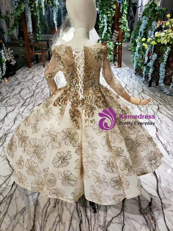 High quality Champagne Gold Ball Gown Sequins Tulle Long Sleeve Flower Girl Dress