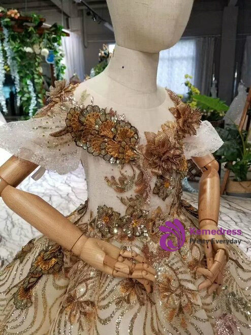 Fashionable Gold Sequins Puff Sleeve Appliques Long Flower Girl Dress