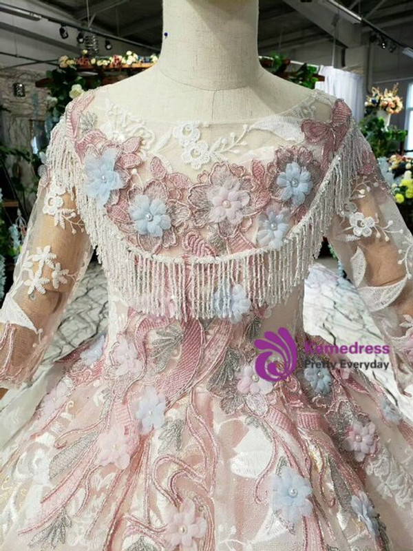 Champagne Ball Gown Tulle Lace Long Sleeve Long Sleeve Appliques Beading Flower Girl Dress