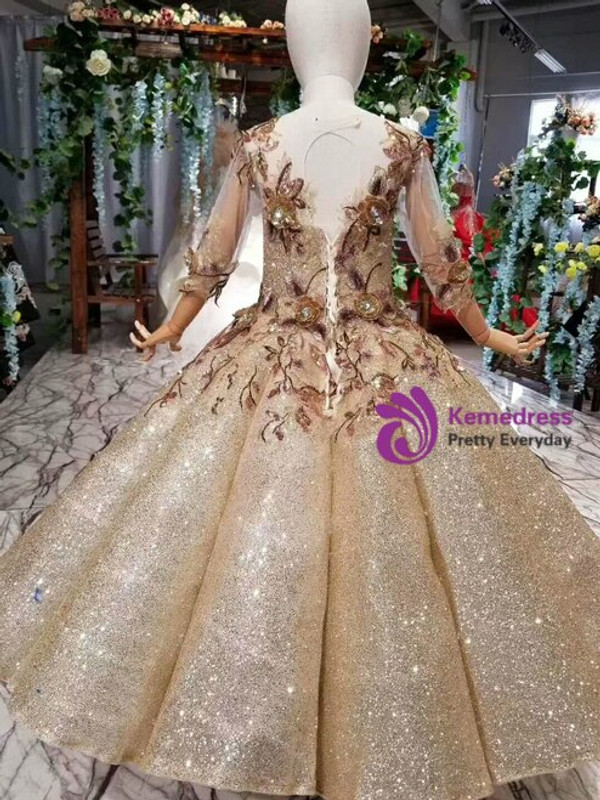 New arrivals Gold Ball Gown Sequins Long Sleeve Appliques Long Flower Girl Dress