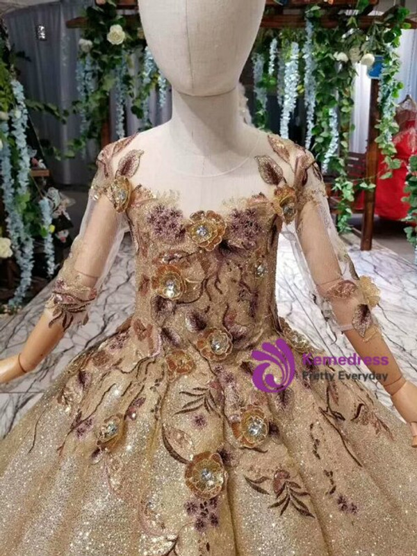New arrivals Gold Ball Gown Sequins Long Sleeve Appliques Long Flower Girl Dress