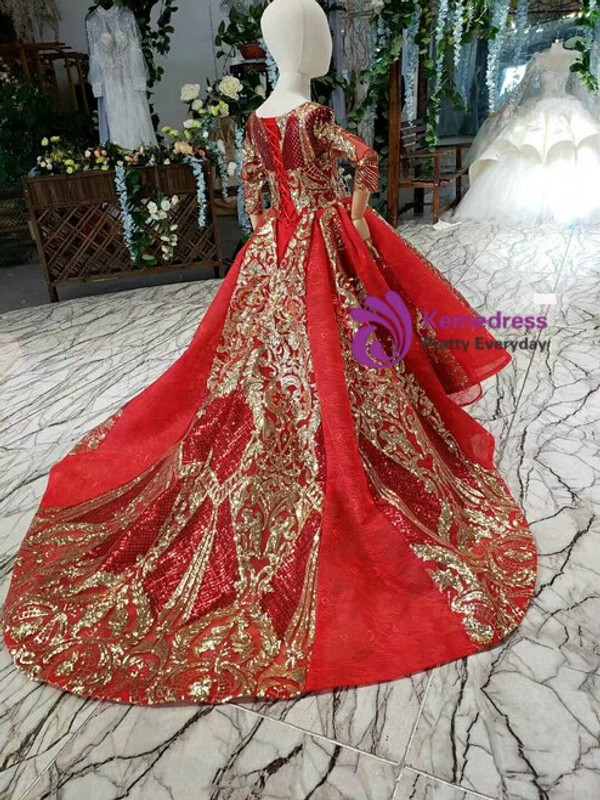 Red Long Sleeve Square Neck Tulle Sequins Appliques Flower Girl Dress With Train