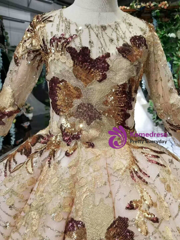 Modest Gold Ball Gown Sequins Tulle Long Sleeve Appliques Long Flower Girl Dress