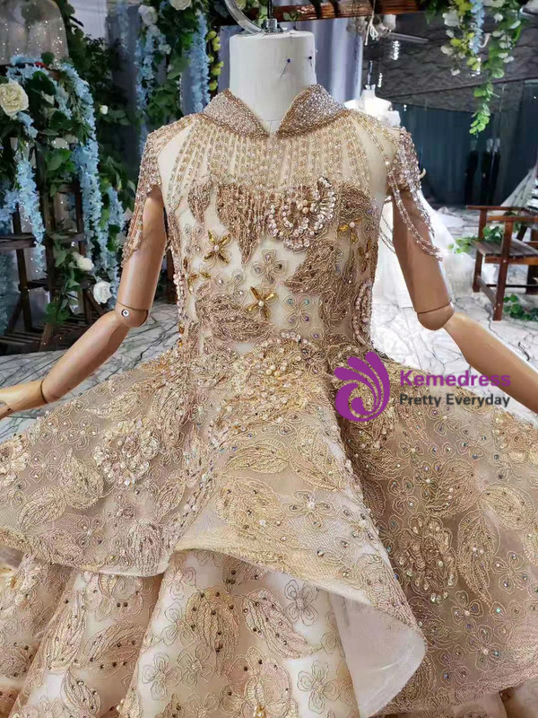 Champagne Gold Ball Gown Tulle Appliques High Neck Cap Sleeve Flower Girl Dress