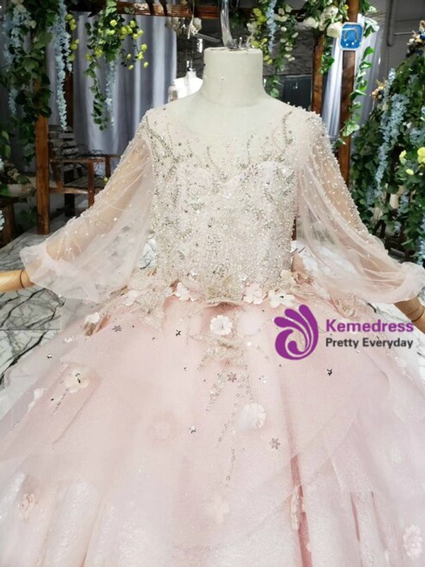 Pink Tulle Lace Long Sleeve Backless Beading Sequins Appliques Flower Girl Dress 
