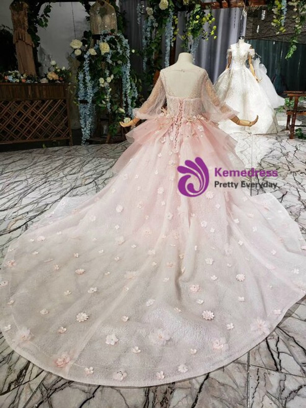 Pink Tulle Lace Long Sleeve Backless Beading Sequins Appliques Flower Girl Dress 