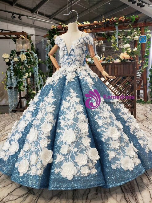 Blue Sequins Off the Shoulder White Appliques Long Flower Girl Dress