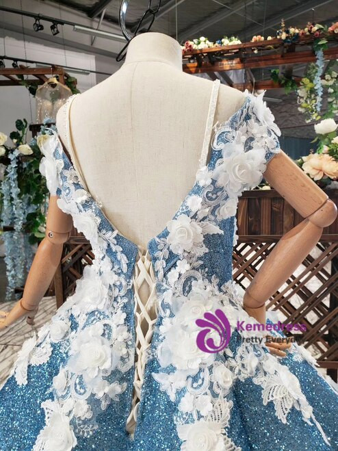 Blue Sequins Off the Shoulder White Appliques Long Flower Girl Dress