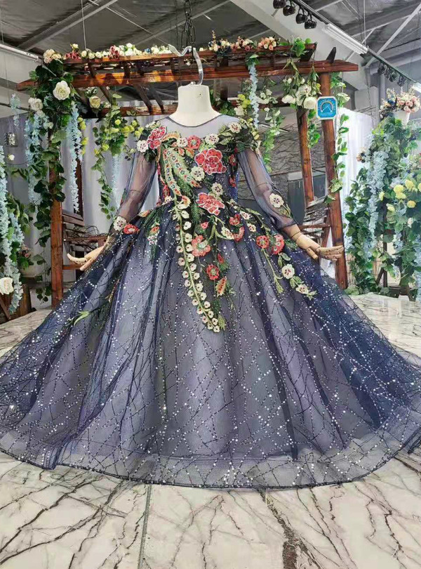 Beautiful Navy Blue Long Sleeve Backless Tulle Sequins Embroidery Appliques Flower Girl Dress