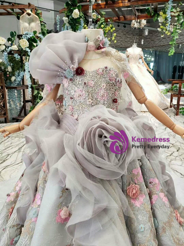 Gray Ball Gown Tulle 3D Flower Backless Beading Sequins Shawl Flower Girl Dress With Train