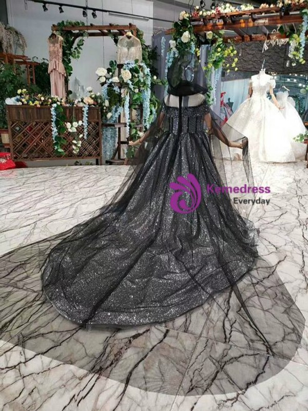 Black Ball Gown Tulle Sequins Off the Shoulder Flower Girl Dress With Shawl
