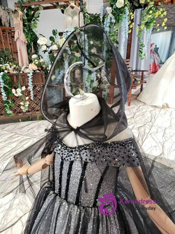 Black Ball Gown Tulle Sequins Off the Shoulder Flower Girl Dress With Shawl