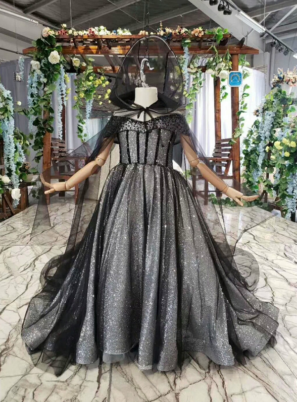Black Ball Gown Tulle Sequins Off the Shoulder Flower Girl Dress With Shawl