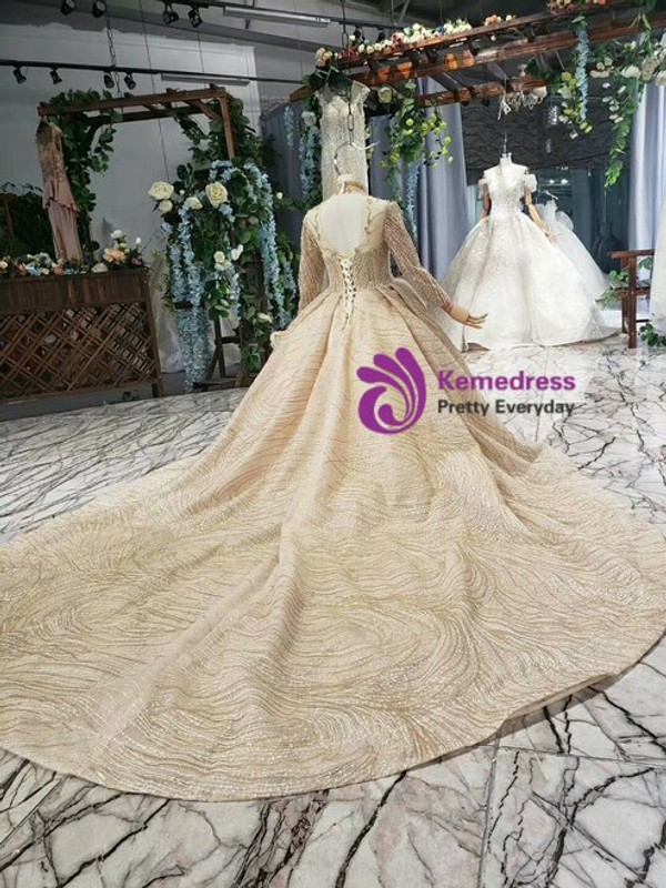 Fhshion Champagne Ball Gown Tulle High Neck Long Sleeve Beading Crystal Flower Girl Dress 