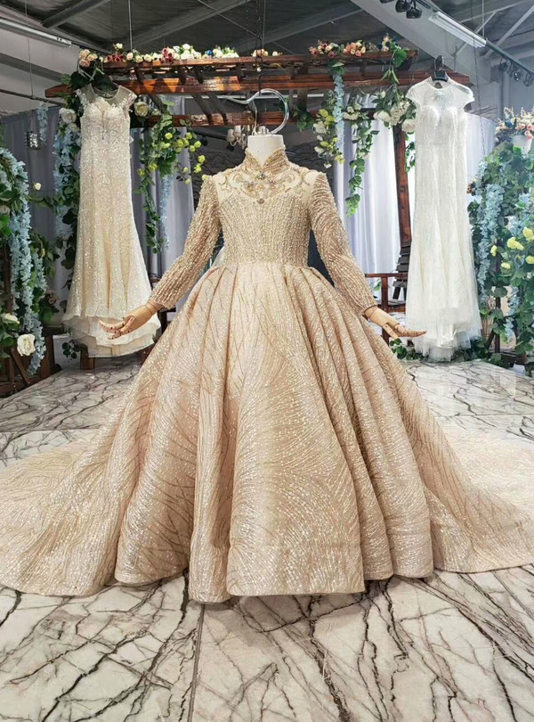 Fhshion Champagne Ball Gown Tulle High Neck Long Sleeve Beading Crystal Flower Girl Dress 