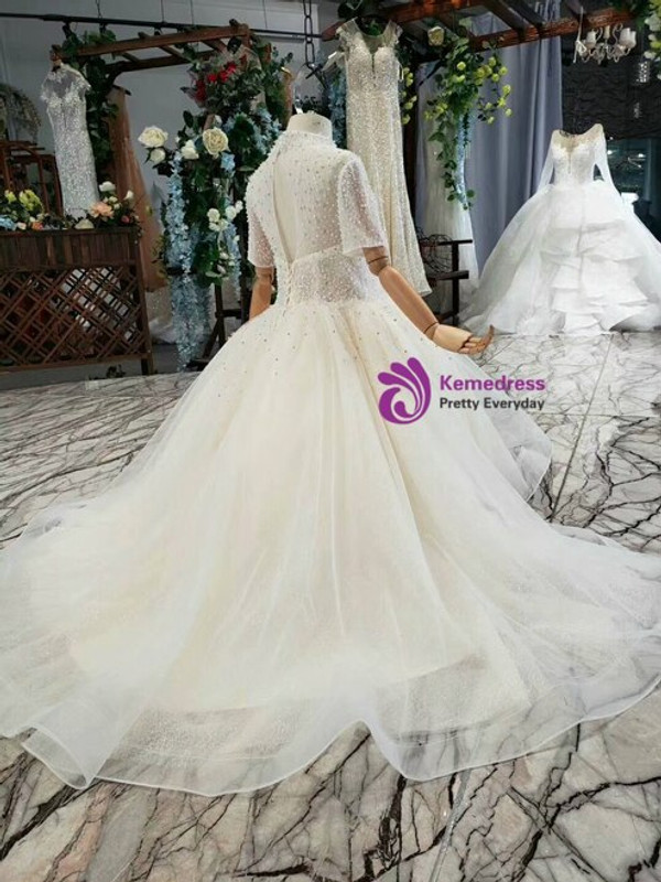 Champagne Ball Gown Tulle Hi Lo Short Sleeve High Neck Backless Beading Flower Girl Dress